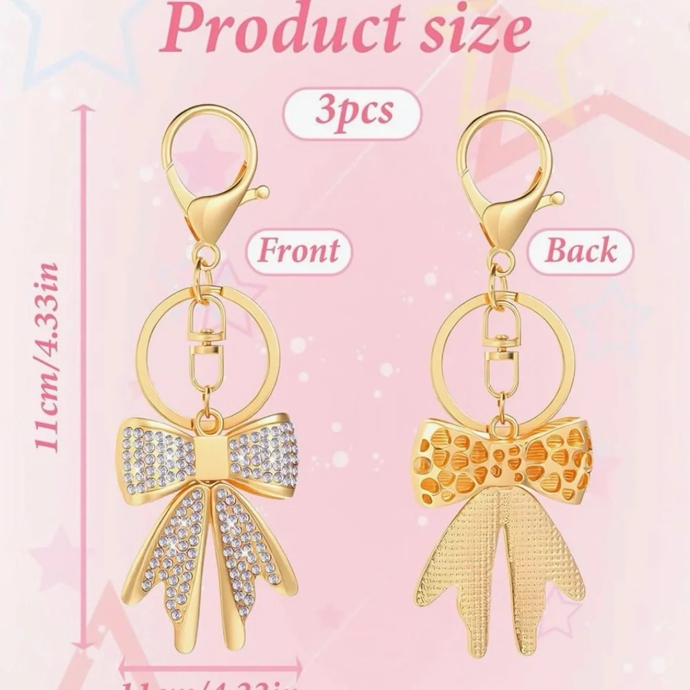 Sparkly Gold Plated Pink Rhinestone Bow Keychain - Picture 2 of 3